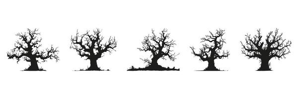 Baobab Tree Silhouettes In Icon Set. Unique Tree Shapes And Natural Growth Symbol Collection. Botanical And Environmental Use. Isolated Illustration vector
