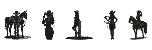 Cowgirl And Horse Silhouettes In Icon Set. Western Lifestyle And Rodeo Theme Collection. Cultural And Recreational Use. Isolated Illustration vector