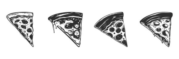 Pizza Slice Illustrations Silhouette Set. Variety Of Toppings And Styles In Black And White. Isolated Illustration Collection vector