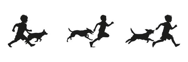 Child And Dog Running Silhouette Set. Playful Interaction And Outdoor Activity Symbol Collection. Recreational And Educational Use. Isolated Illustration vector