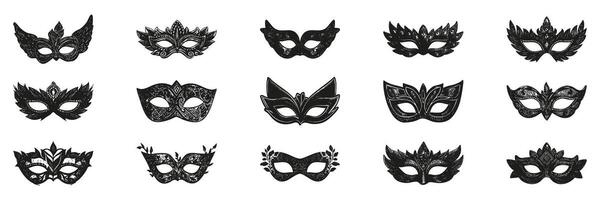 Decorative Mask Silhouettes In Icon Set. Masquerade And Carnival Theme Collection. Event And Festive Design Use. Isolated Illustration vector