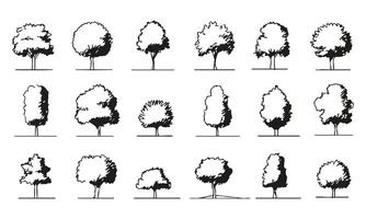 Silhouette Trees in Ink Sketch Style Set. Landscape Architecture and Garden Design Collection. Nature Illustration for Artistic and Creative Projects. Isolated Illustration vector