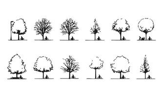 Silhouette Trees and Cyclist Scene Set. Urban Planning and Recreational Design Collection. Isolated Illustration vector