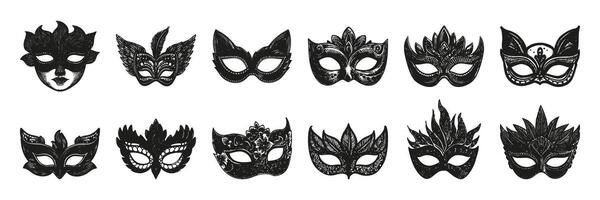 Decorative Mask Silhouettes In Icon Set. Carnival And Masquerade Theme Collection. Festive And Artistic Use. Isolated Illustration vector