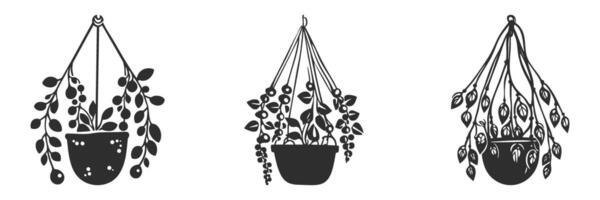 Hanging Plant Silhouettes Set. Indoor Gardening And Home Decor Elements Isolated Illustration Collection vector