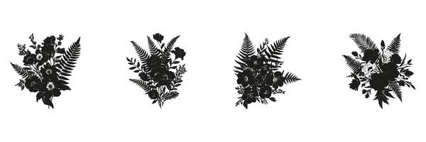 Floral Bouquet Silhouettes In Icon Set. Botanical Arrangement And Nature Design Collection. Decorative And Artistic Use. Isolated Illustration vector