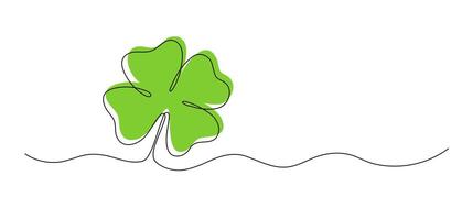 Clover with green color one line drawing, symbol of St. Patrick's Day continuous line isolated sketch, border vector