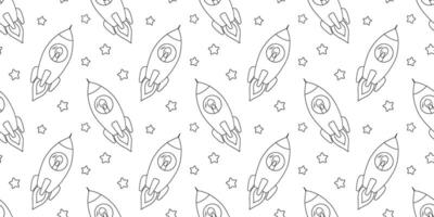 Seamless pattern with cute goose in rocket. outline monochrome repeat design on white background for kids and nursery vector