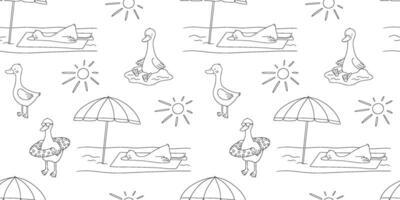 Seamless pattern with cute goose on beach. outline monochrome repeat design on white background for kids and nursery vector
