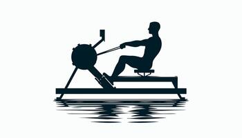 a silhouette of a man rowing on a rowing machine in gym vector