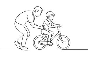 Father Teaching Child to Ride Bicycle Line Art Drawing vector