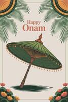 happy onam background with umbrella and palm leaves vector