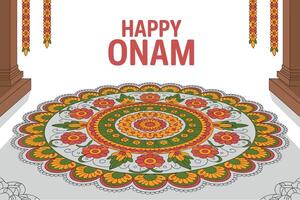 happy onam greeting card with rangoli design vector