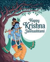 Happy Krishna Janmashtami with Lord Krishna Playing Flute Under Tree vector