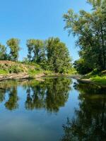 A picturesque and serene river landscape presenting lush green trees against a backdrop of a clear blue sky, offering a perfect scene for adventure and exploration in the countryside and nature photo