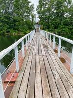 A serene, rustic wooden dock gracefully overlooks the calm, serene water, which is beautifully surrounded by vibrant, lush greenery that creates a perfect, tranquil escape into natures embrace photo