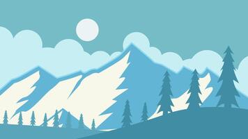 snow mountain landscaped cartoon animation backgrounds . forest river and nature at winter view for adventure and wanderlust animated motion graphic illustration design video