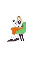 Blonde woman browsing smartphone while seated 2D character vertical animation. Everyday mobile phone using. Female user in armchair animated person cartoon 4K isolated on white transparent video
