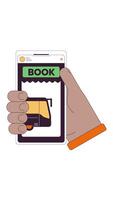 Bus ticket booking via mobile app 2D vertical animation. Travel convenience online. Public transport transit application animated hand cartoon flat concept metaphor 4K isolated on white video