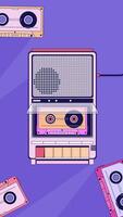 retro casete giratorio con nostálgico cinta grabadora lofi vertical animación antecedentes. Años 80 estilo audio jugador parte superior vista. lo fi 2d dibujos animados animado fondo fondo de pantalla 4k . frío estético video
