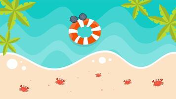 An aerial view of crabs walking along the beach with calm turquoise waves and tropical plants video
