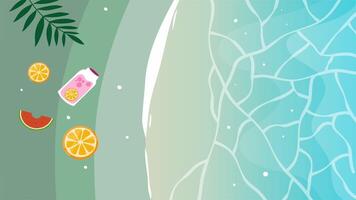 Colorful drinks, fruits and ice rest on white poolside background with leaves. video