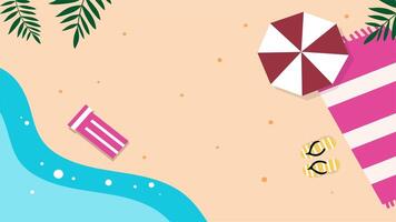A striped beach umbrella and lounge chair rest on sand close to the ocean edge. video