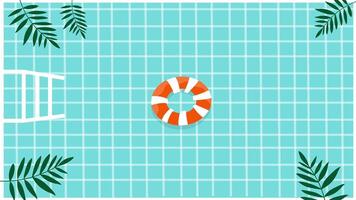 A top-down animation of a clear blue swimming pool with a floating lifebuoy and surrounding plants, ideal for summer and vacation themes. video