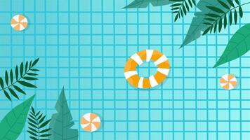 Bright blue tiled pool background with floating lifebuoys tropical leaves and refreshing summer feel video