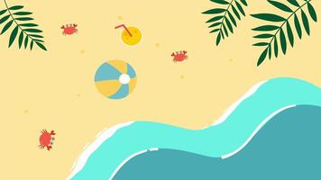 A cheerful beach scene with colorful ball, leaves, and tiny crabs under the sun video