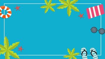A vibrant animation showing a summer pool scene with a lifebuoy, palm trees, beach umbrella, and flip flops perfect for holiday or travel content. video
