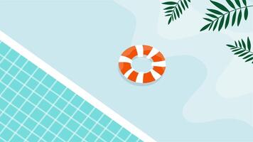 Swimming pool top view with lifebuoy soft water texture and leafy edges in bright blue layout video