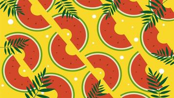 Bright repeating pattern of watermelon and orange slices with palm leaves and tropical accents video