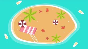 Tiny island in bright blue sea with beach umbrellas palm trees crabs and summer details video