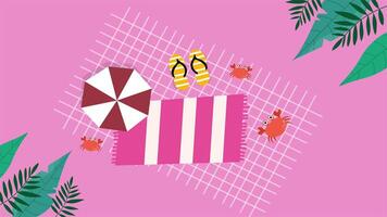 Pink beach mat with umbrellas sunglasses crabs and leaves in a soft warm summer atmosphere video