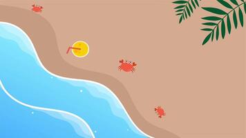 Minimalist beach scene with red crabs, ball, leaves, and a wavy shoreline video