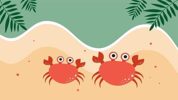 Two crabs with playful expressions stand near abstract wave edge and palm video