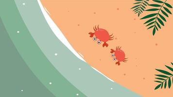 A large red crab and palm leaves placed on abstract green and sandy shore. video