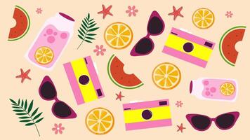 A playful seamless loop animation featuring summer-themed items like juice boxes, sunglasses, fruits, and leaves floating in a fun scattered pattern. video