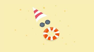 A minimal summer background with sand lifebuoy striped hat sunglasses and tiny scattered dots video