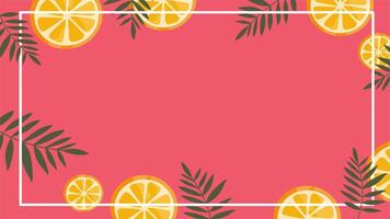 Flat design with red background citrus slices tropical leaves and simple border frame video