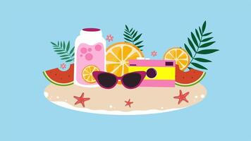 Colorful summer drinks on a tray with orange and lemon slices beside tropical leaves on beach video
