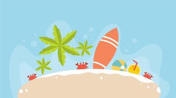 Surfboards placed upright on sandy beach with palm trees and small waves video