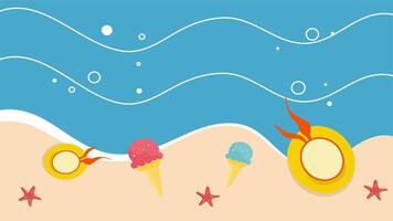Beach view with waves two ice cream cones swimming rings and sea stars in a flat design style video