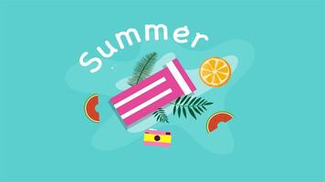 Summer items like juice, camera, and flip flops arranged neatly on a vibrant blue background video