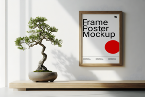 Minimalist Frame Mockup with Bonsai and Shadow psd