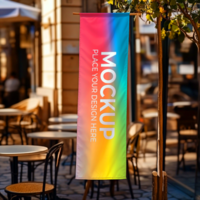 Vibrant Vertical Banner Mockup Showcase Your Design in a Bustling Cafe Setting psd
