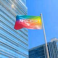 Rainbow Flag with Mockup Text Waving in Front of Modern Skyscrapers psd