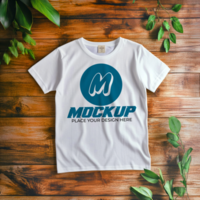 TShirt Mockup Flat Lay Design on Rustic Wooden Background with Greenery psd