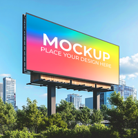 Billboard Mockup Outdoor Advertising Cityscape Background Digital Signage Template Large Format Display Rainbow Gradient Design On Transparent Background psd